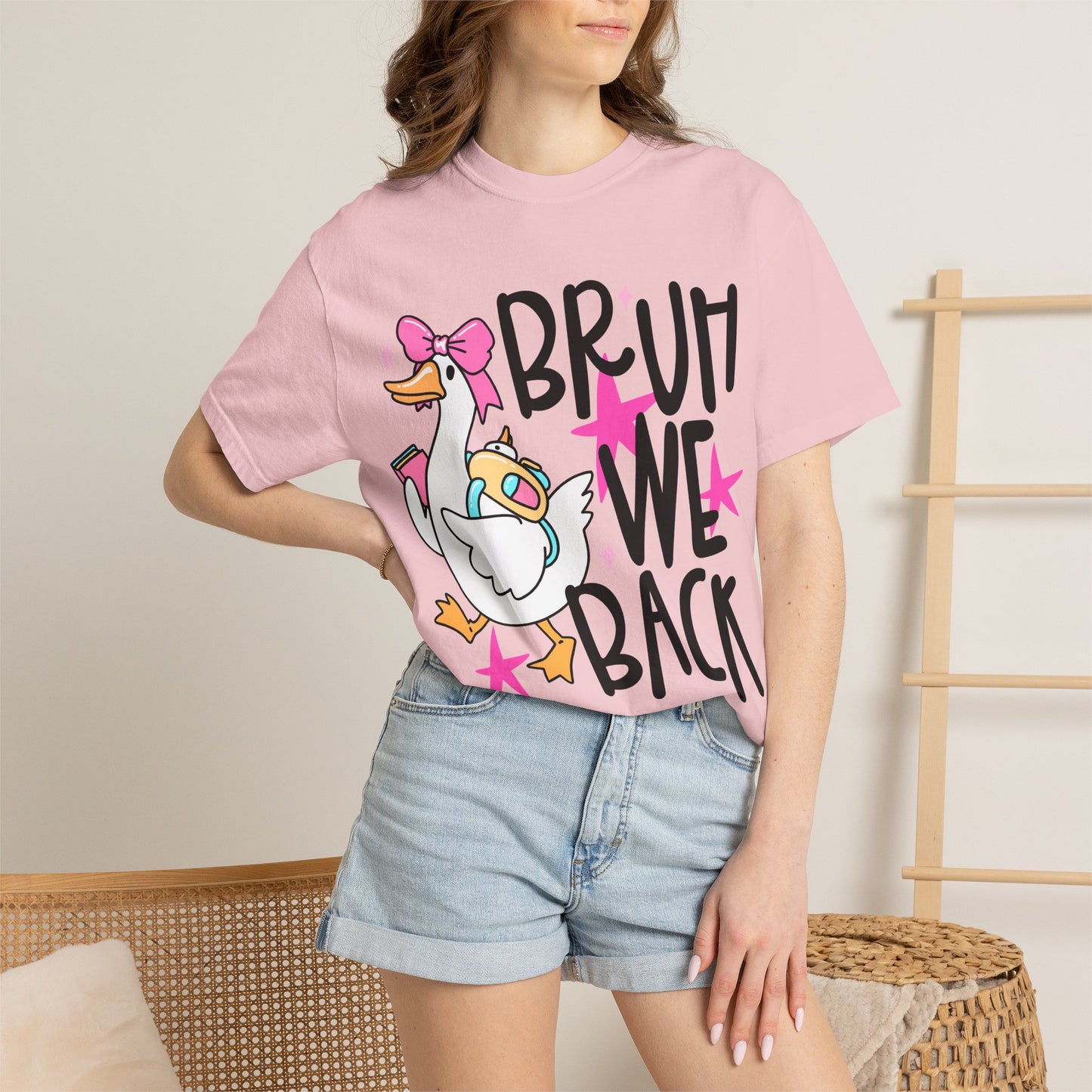 Bruh We Back Duck T-shirt | Cute Retro Cartoon, Pink Stars