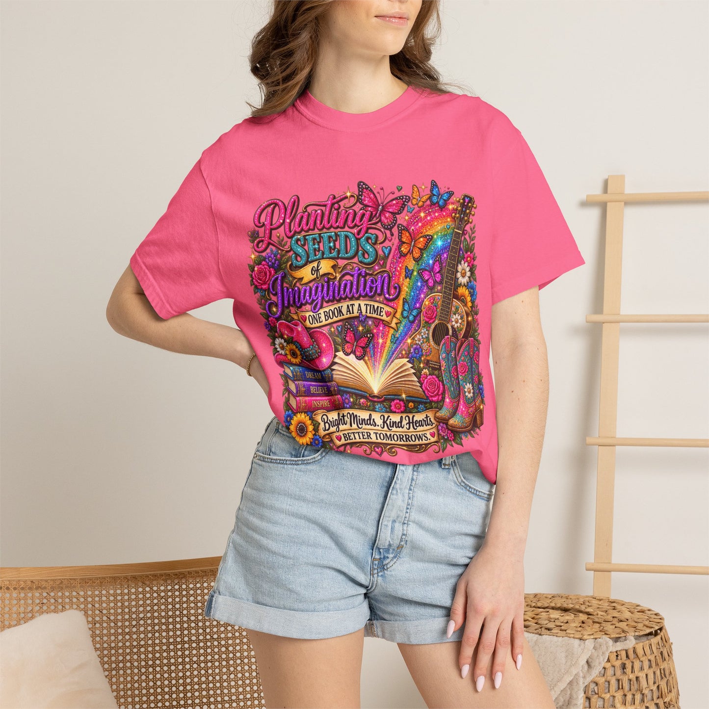 Planting Seeds of Imagination T-shirt, Colorful Book & Boots, Country Western, Guitar Tee