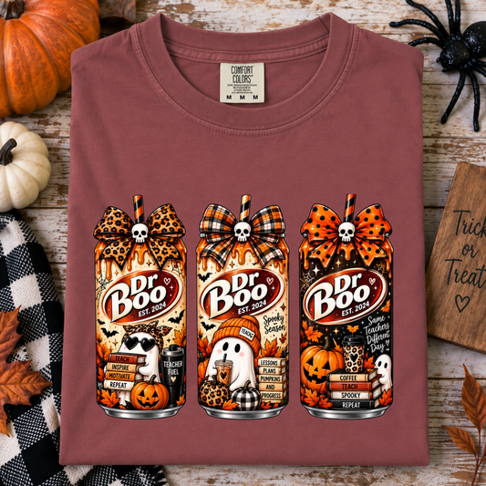 Halloween teacher shirt in brick with retro spooky drink graphics and fall classroom details
