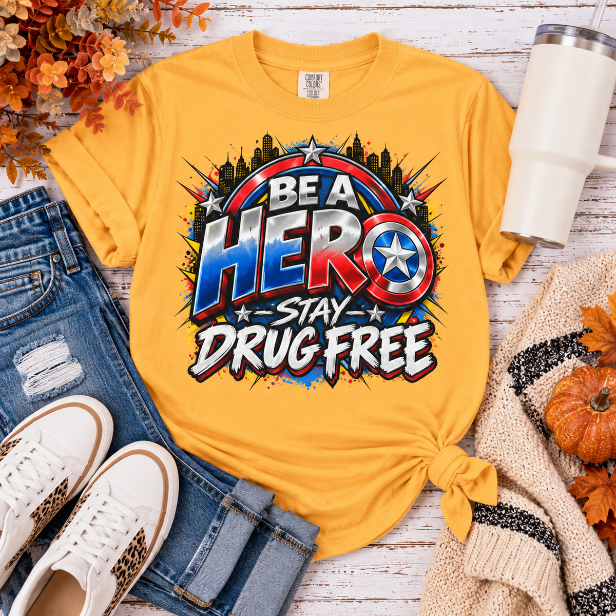 Red Ribbon Week teacher shirt - superhero shield Be a Hero Stay Drug Free design on gold Comfort Colors tee - back view