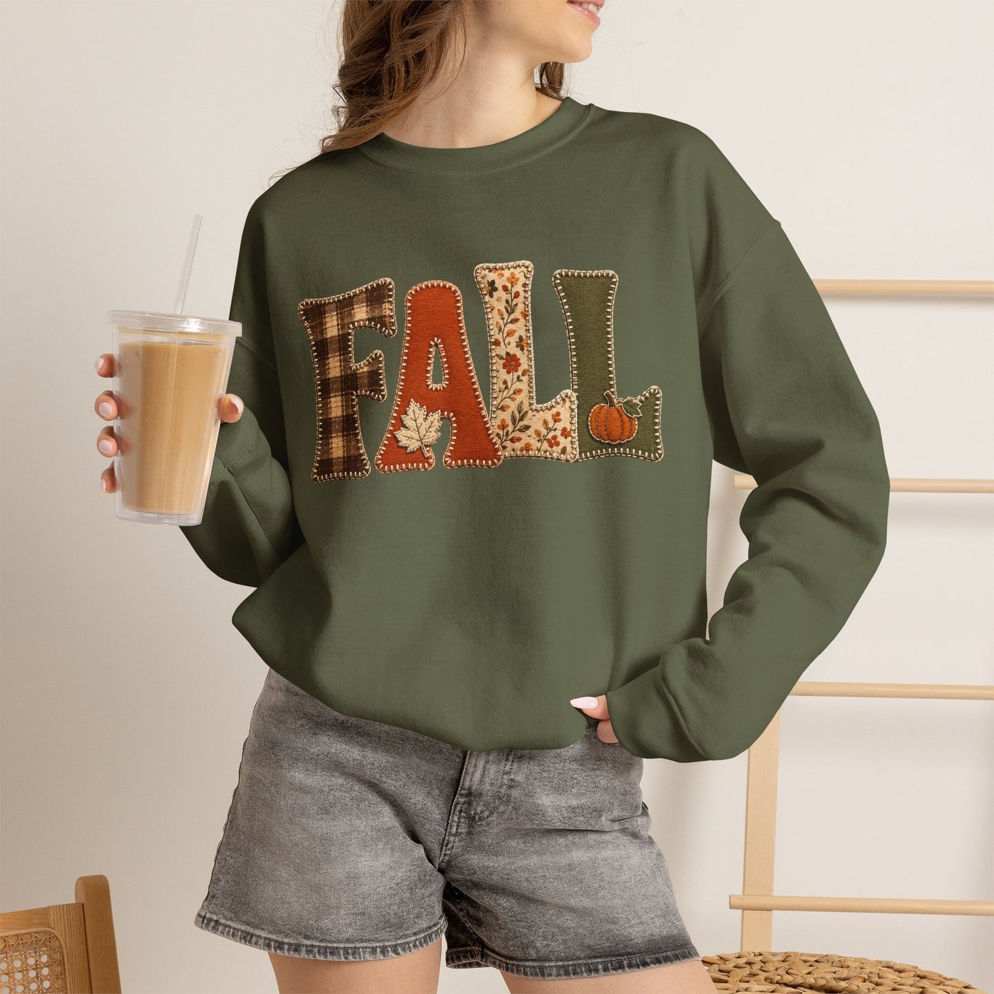 Fall Patchwork Letter Sweatshirt, Autumn Plaid Pumpkin Leaves, Cozy Unisex Crewneck