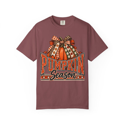 Pumpkin Season fall teacher tee with pumpkin and bow – flat lay