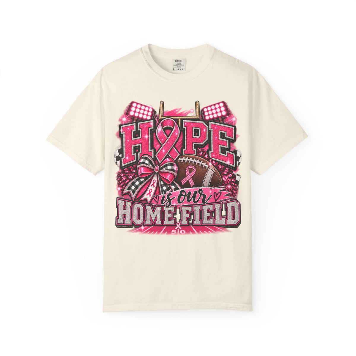 Hope Is Our Home Field cancer awareness football t-shirt – close-up detail