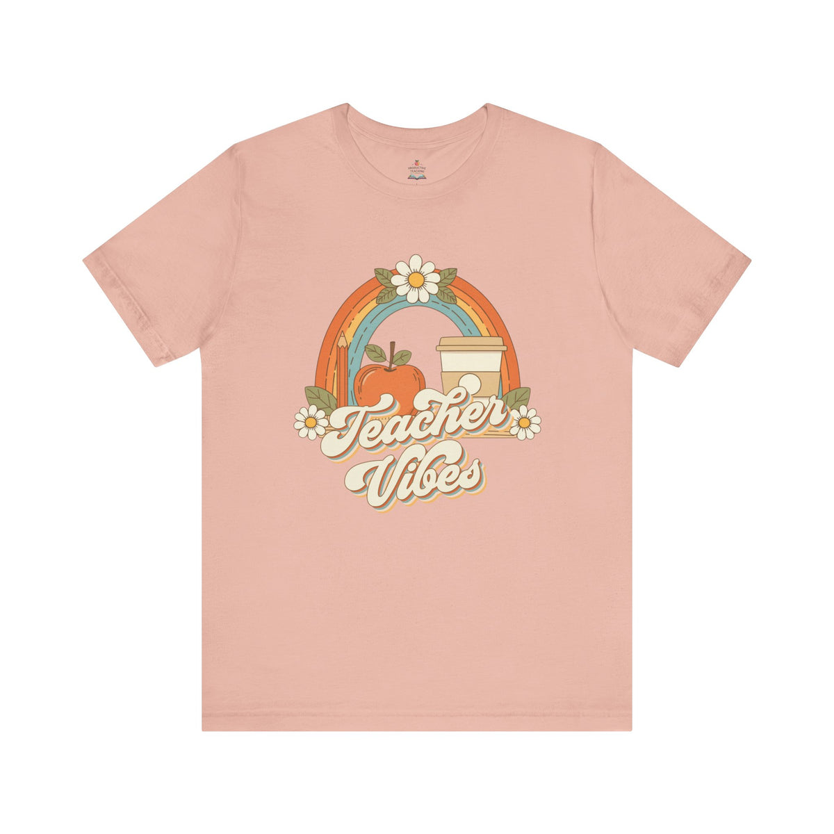 Teacher Vibes retro rainbow apple coffee teacher shirt – styled lifestyle photo