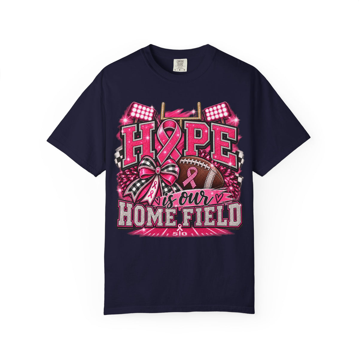 Hope Is Our Home Field cancer awareness football t-shirt – styled lifestyle photo