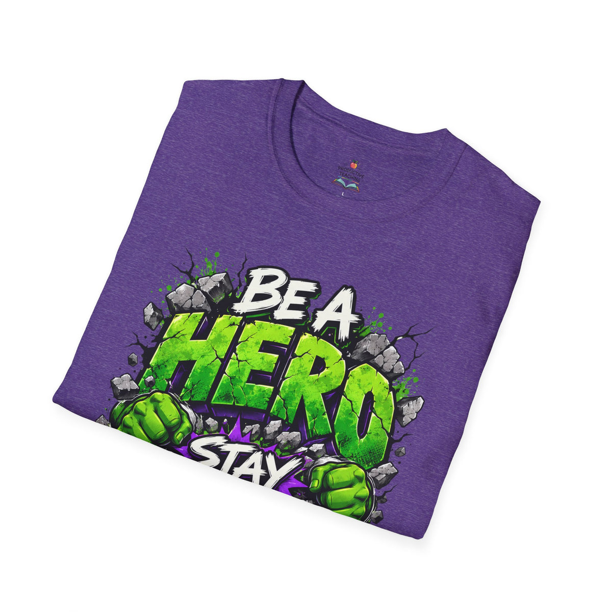 Red Ribbon Week teacher shirt - green smash Be a Hero Stay Drug Free superhero design on heather purple Gildan Softstyle tee - folded view