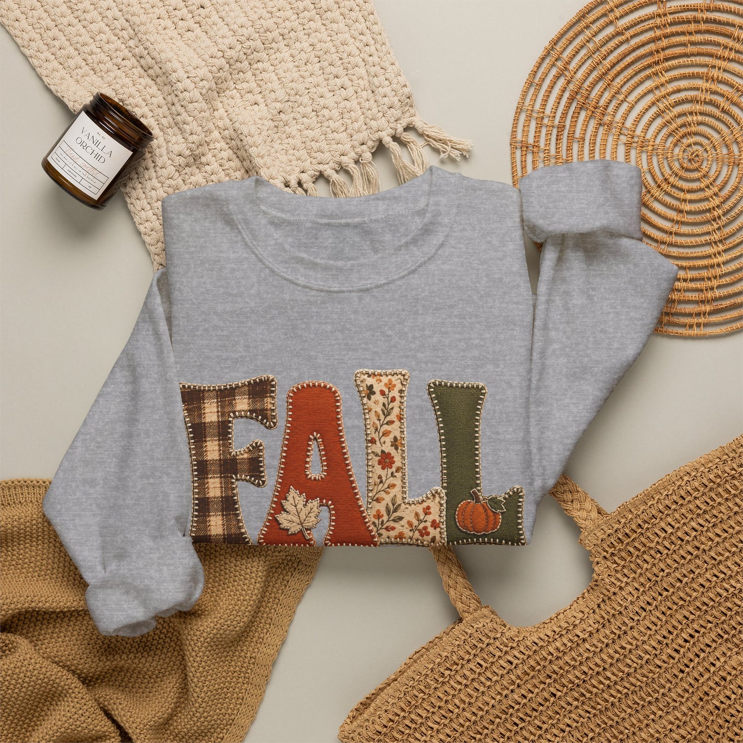 Fall Patchwork Letter Sweatshirt, Autumn Plaid Pumpkin Leaves, Cozy Unisex Crewneck