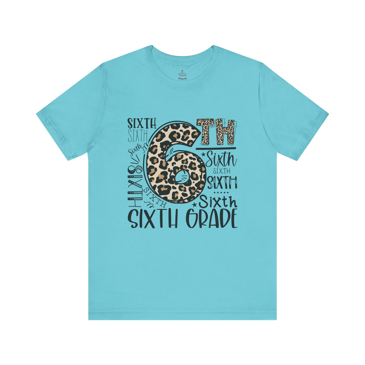 Sixth Grade leopard print teacher shirt – close-up detail