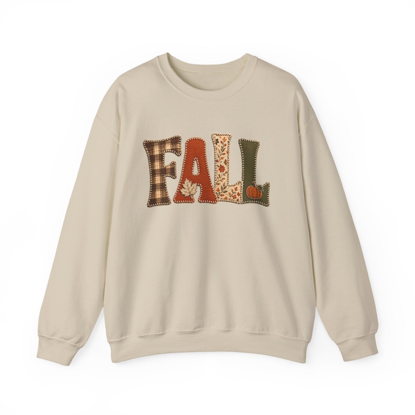 Fall Patchwork Letter Sweatshirt, Autumn Plaid Pumpkin Leaves, Cozy Unisex Crewneck