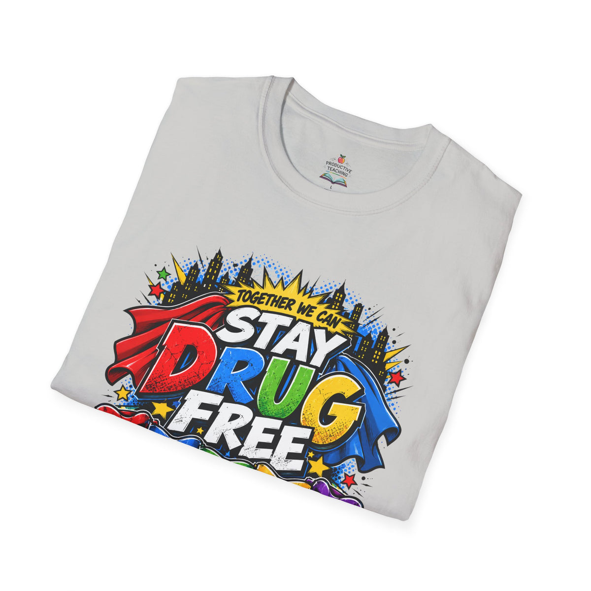 Red Ribbon Week teacher shirt - Together We Can Stay Drug Free heroes design on ice grey Gildan Softstyle tee - folded view