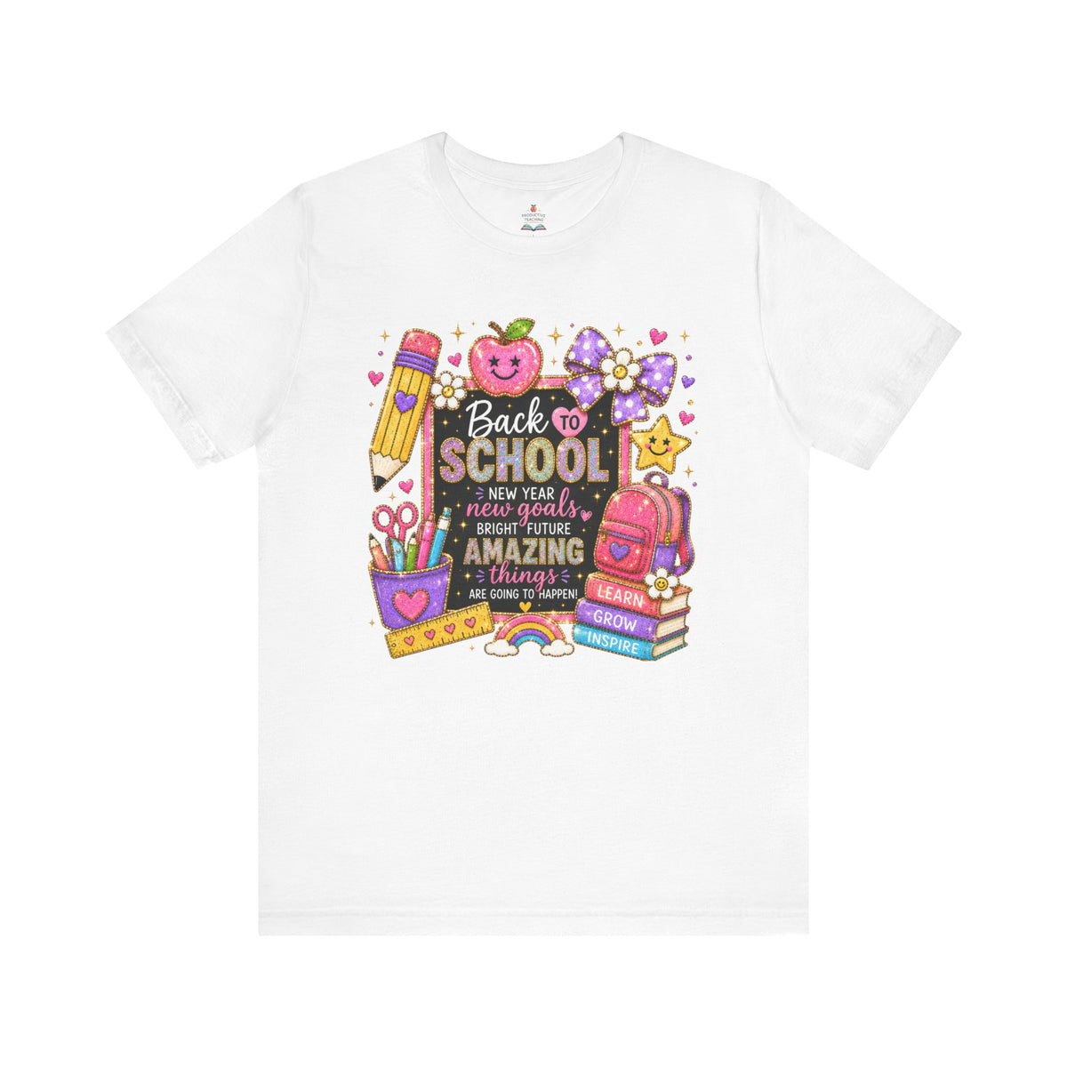 Back-to-School colorful new school year teacher shirt – close-up detail