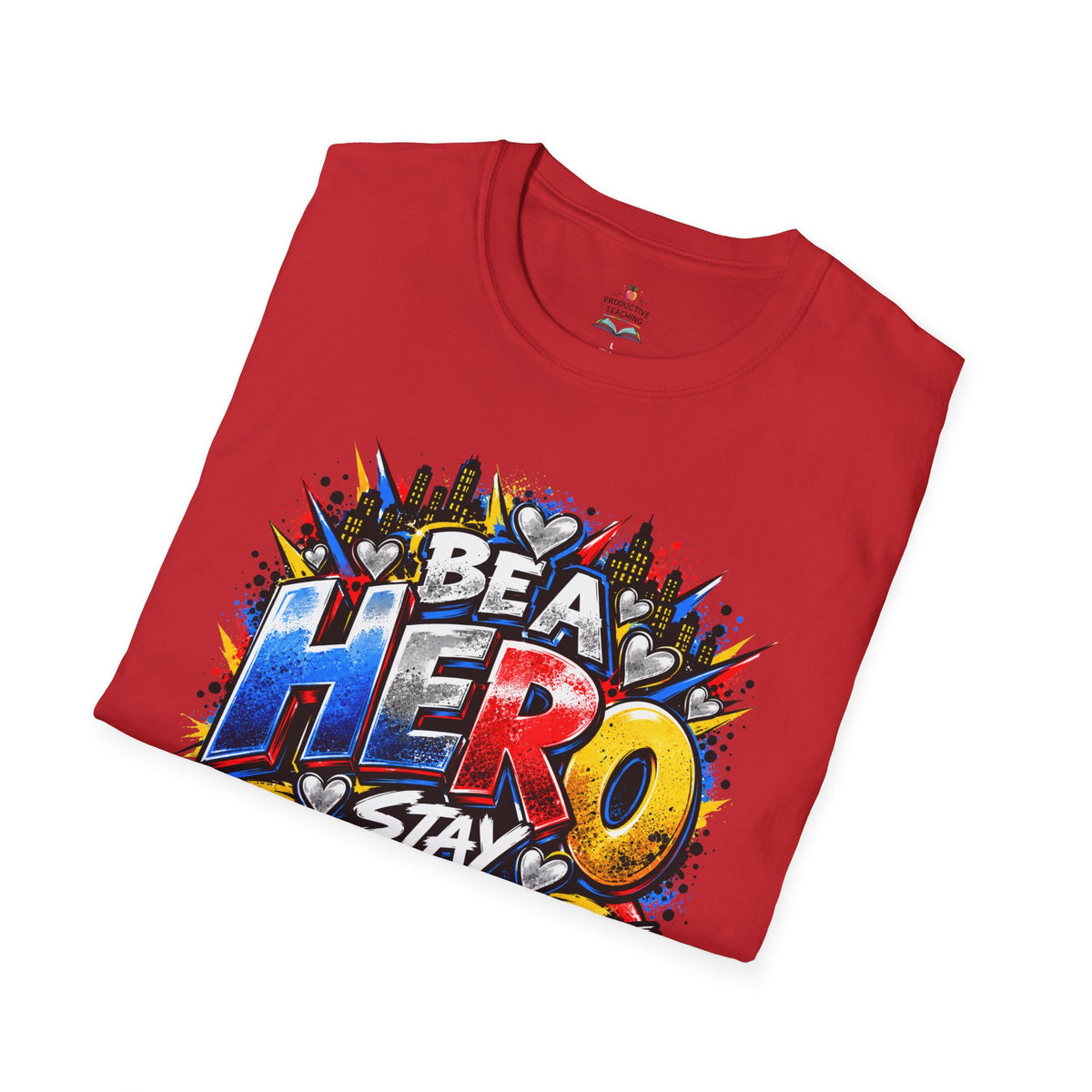 Red Ribbon Week teacher shirt - hero heart Be a Hero Stay Drug Free design on red Gildan Softstyle tee - folded view