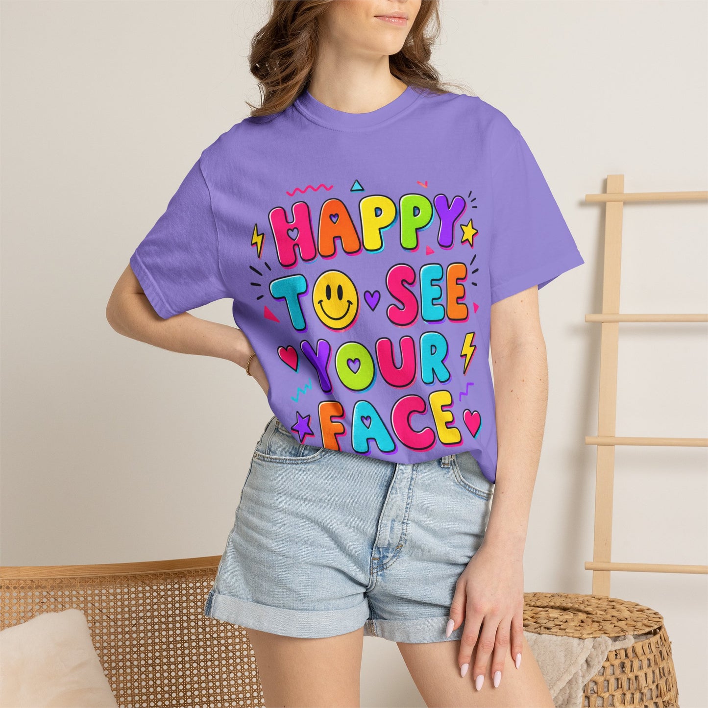 Happy to See Your Face Retro T-Shirt  | Colorful Retro Smiley Typography