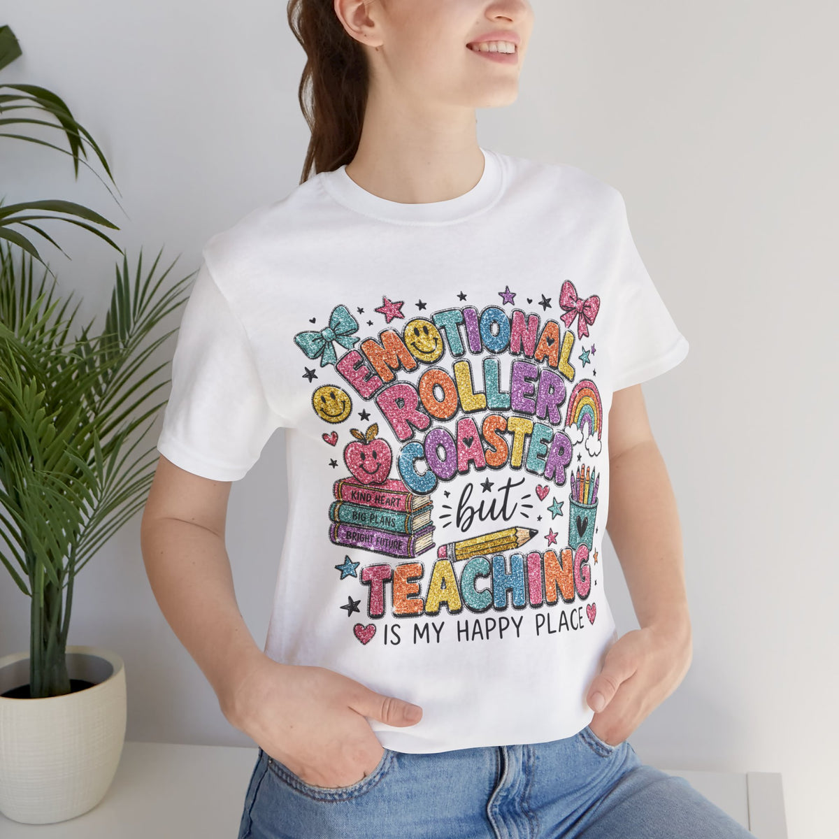 Teaching Is My Happy Place teacher shirt – close-up detail