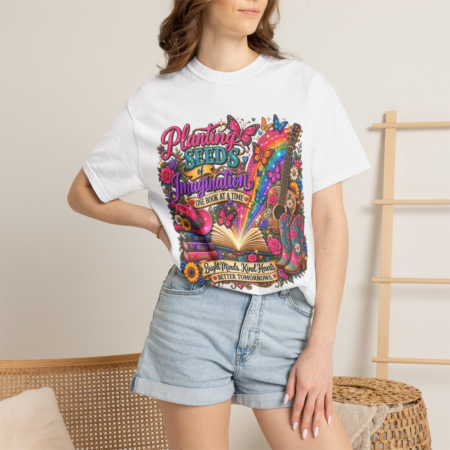 Planting Seeds of Imagination T-shirt, Colorful Book & Boots, Country Western, Guitar Tee