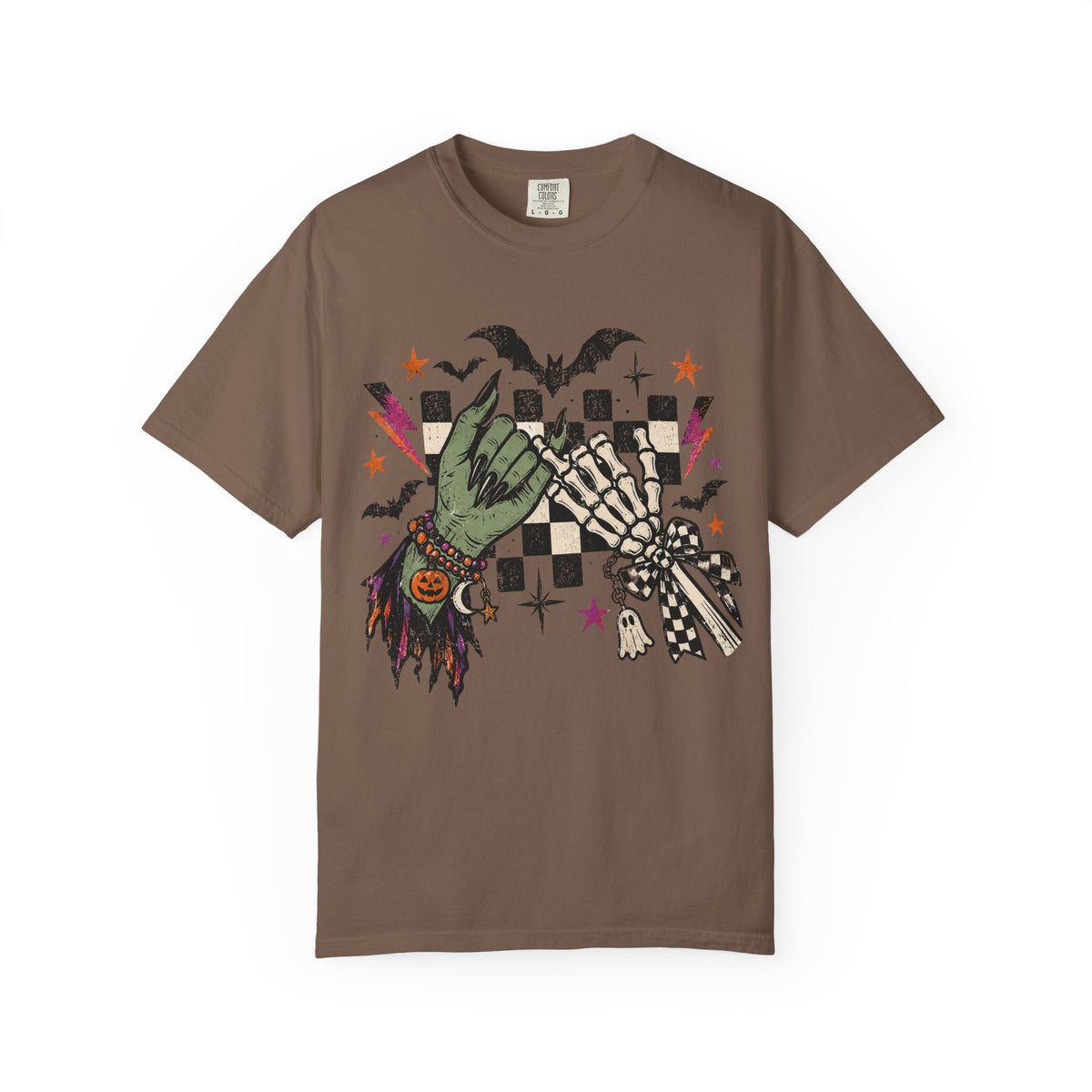 Espresso Comfort Colors 1717 Halloween Pinky Promise shirt with witch and skeleton hand graphic