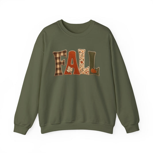 Fall Patchwork Letter Sweatshirt, Autumn Plaid Pumpkin Leaves, Cozy Unisex Crewneck