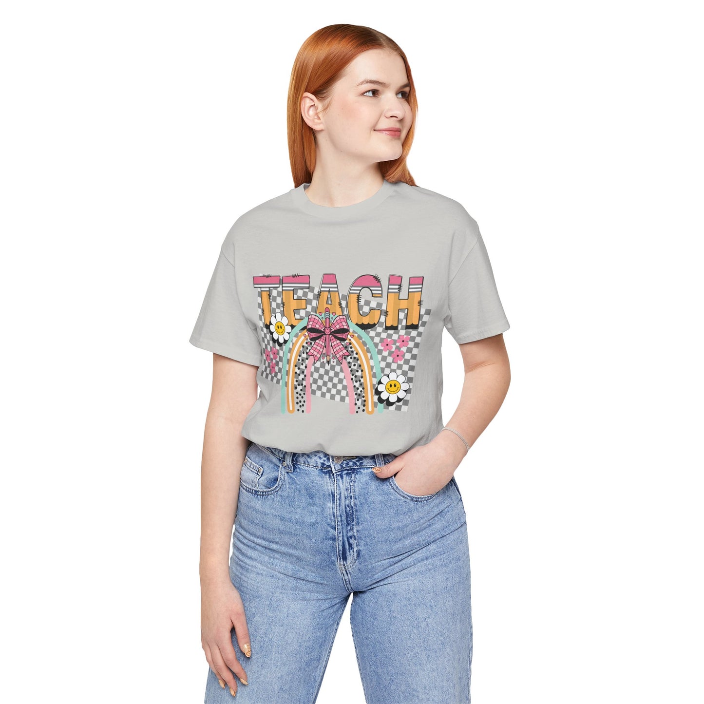 Teach Rainbow T-Shirt — Cute Retro Teacher Tee with Checkered Pattern