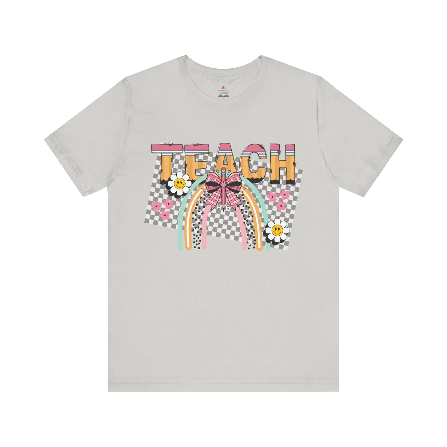Teach Rainbow T-Shirt — Cute Retro Teacher Tee with Checkered Pattern