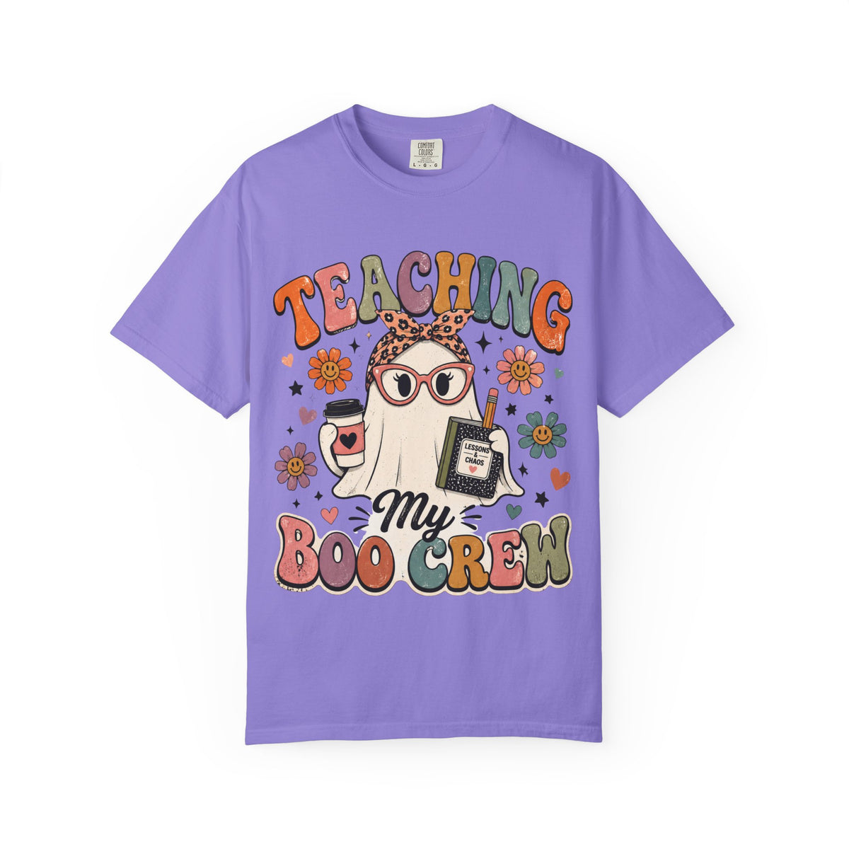 Violet Comfort Colors 1717 Teaching My Boo Crew Halloween teacher shirt with retro spooky graphic