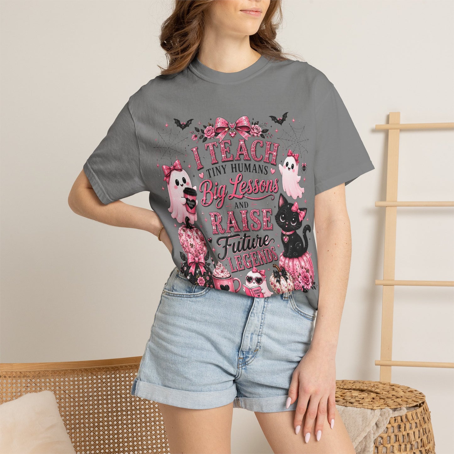 I Teach Tiny Humans Halloween Teacher Shirt | Cute Pink Ghost Comfort Colors Tee | Teacher Gift | Halloween Cat T-Shirt