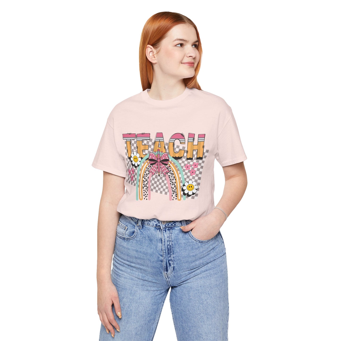 Teach Rainbow T-Shirt — Cute Retro Teacher Tee with Checkered Pattern