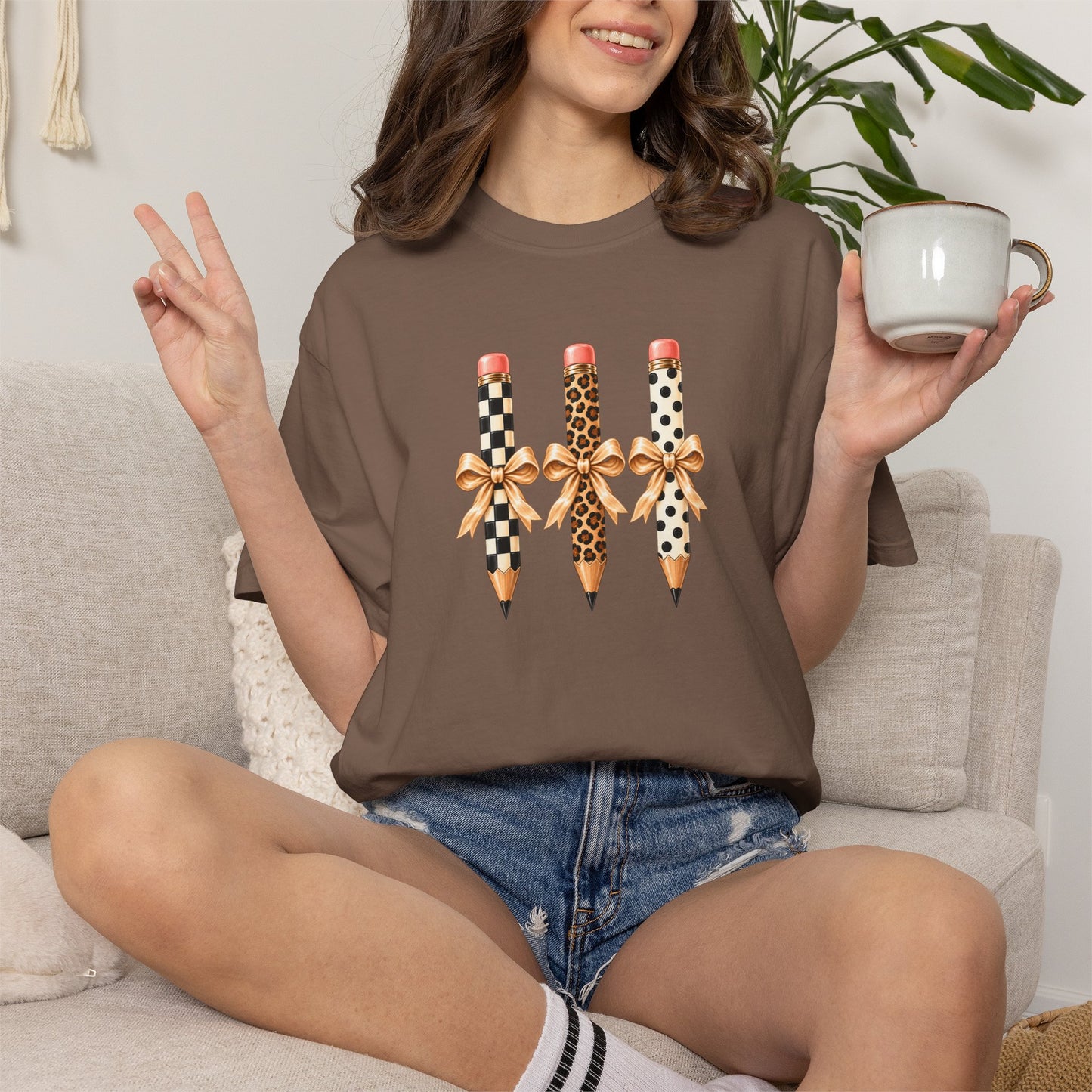 Patterned Pencils with Gold Bows T-shirt | Leopard Checker Polka Dot Pencil Art