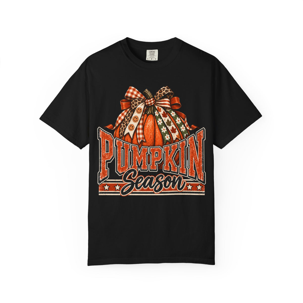 Pumpkin Season fall teacher tee with pumpkin and bow – close-up detail