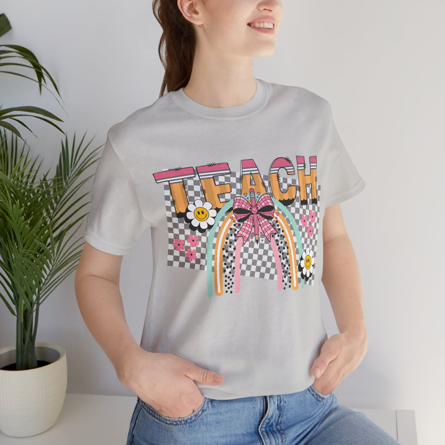 Teach Rainbow T-Shirt — Cute Retro Teacher Tee with Checkered Pattern