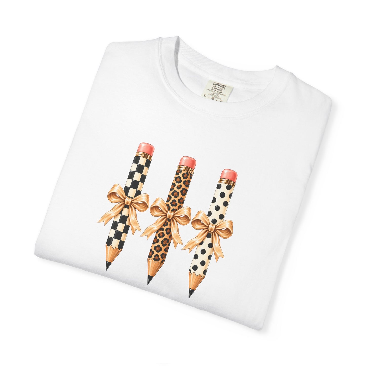 Patterned Pencils with Gold Bows T-shirt | Leopard Checker Polka Dot Pencil Art