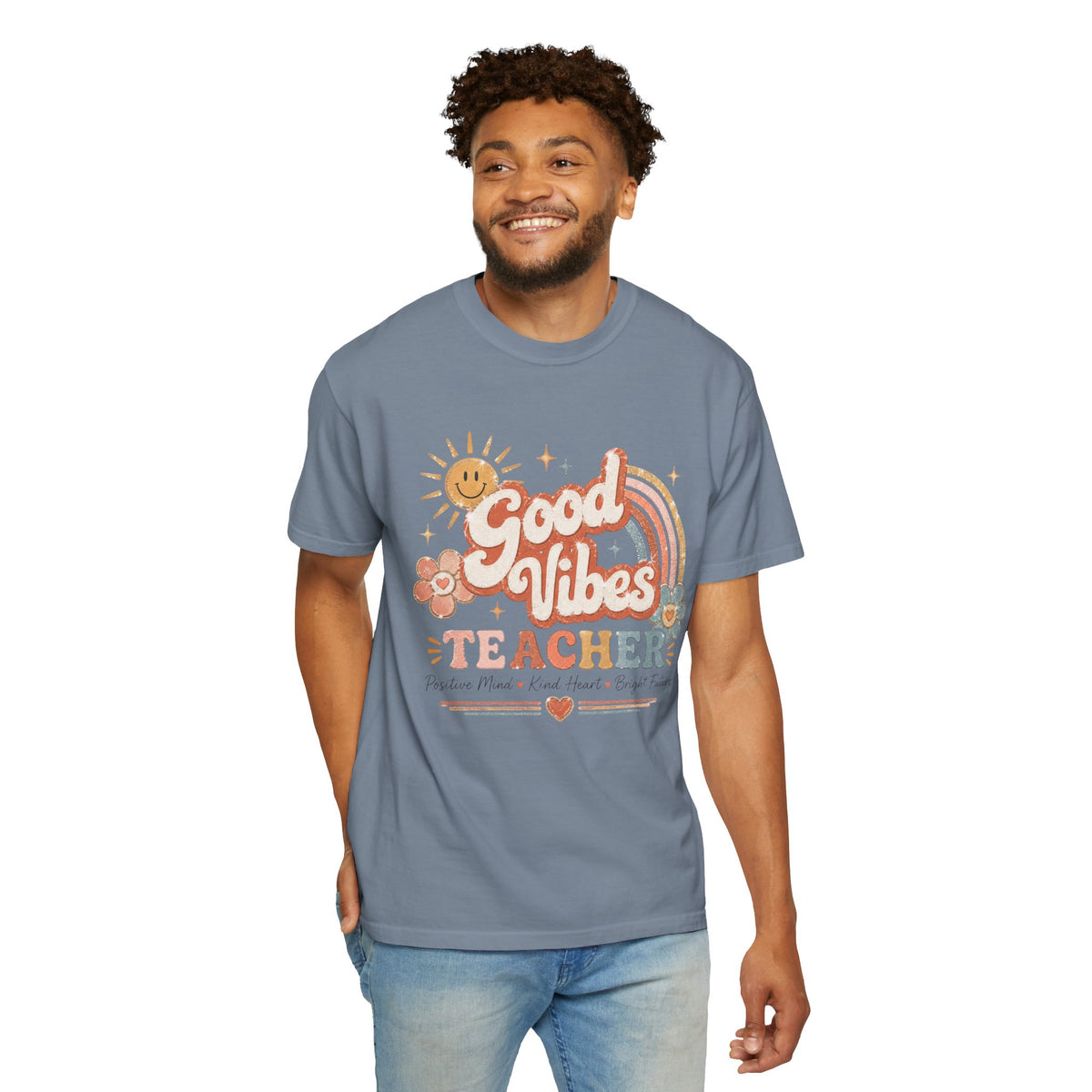 Good Vibes retro sun rainbow teacher shirt – color variant 5