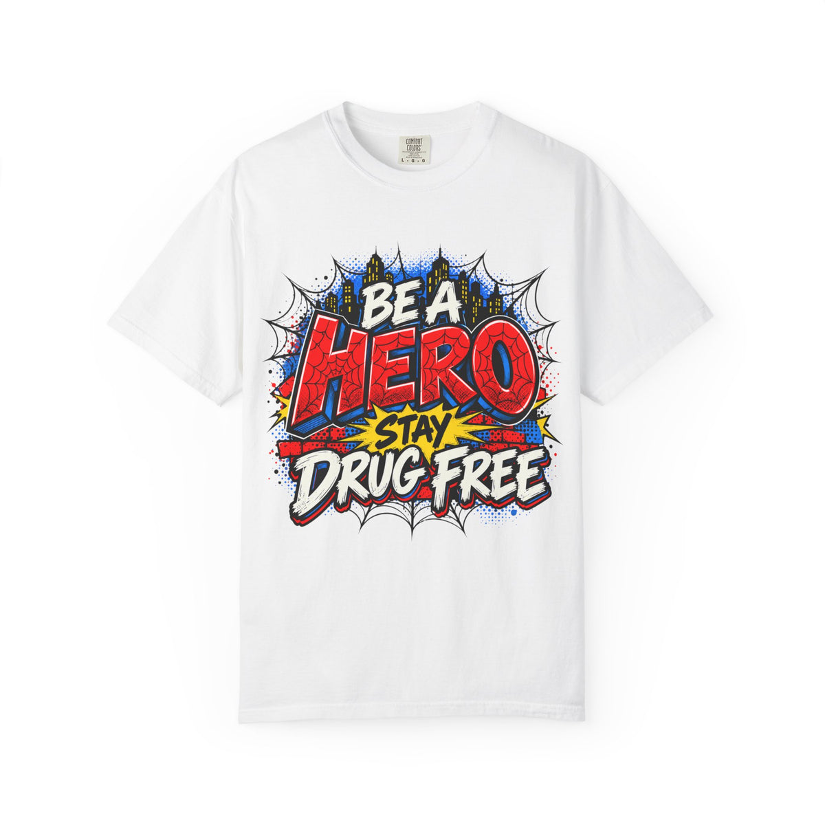 Red Ribbon Week teacher shirt - spider web Be a Hero Stay Drug Free design on grey Comfort Colors tee - flat lay