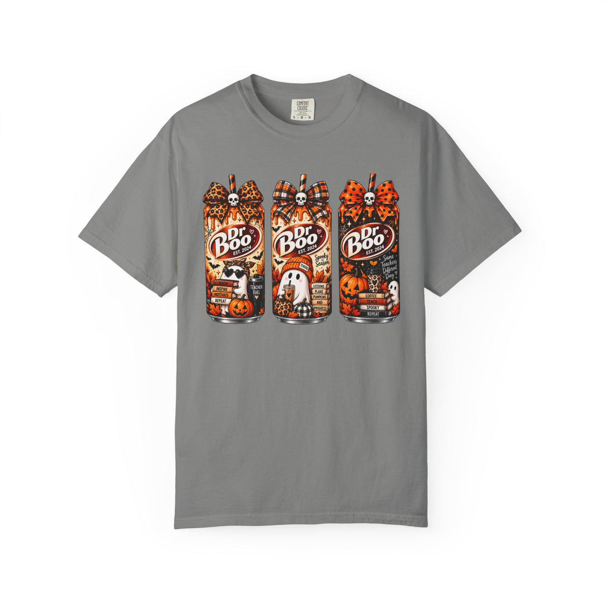 Granite Comfort Colors 1717 Halloween teacher shirt with retro spooky drink graphic.