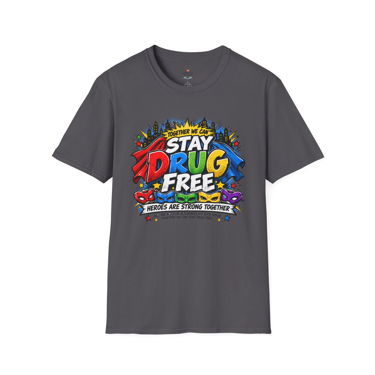 Red Ribbon Week teacher shirt - Together We Can Stay Drug Free heroes design on charcoal Gildan Softstyle tee - front view