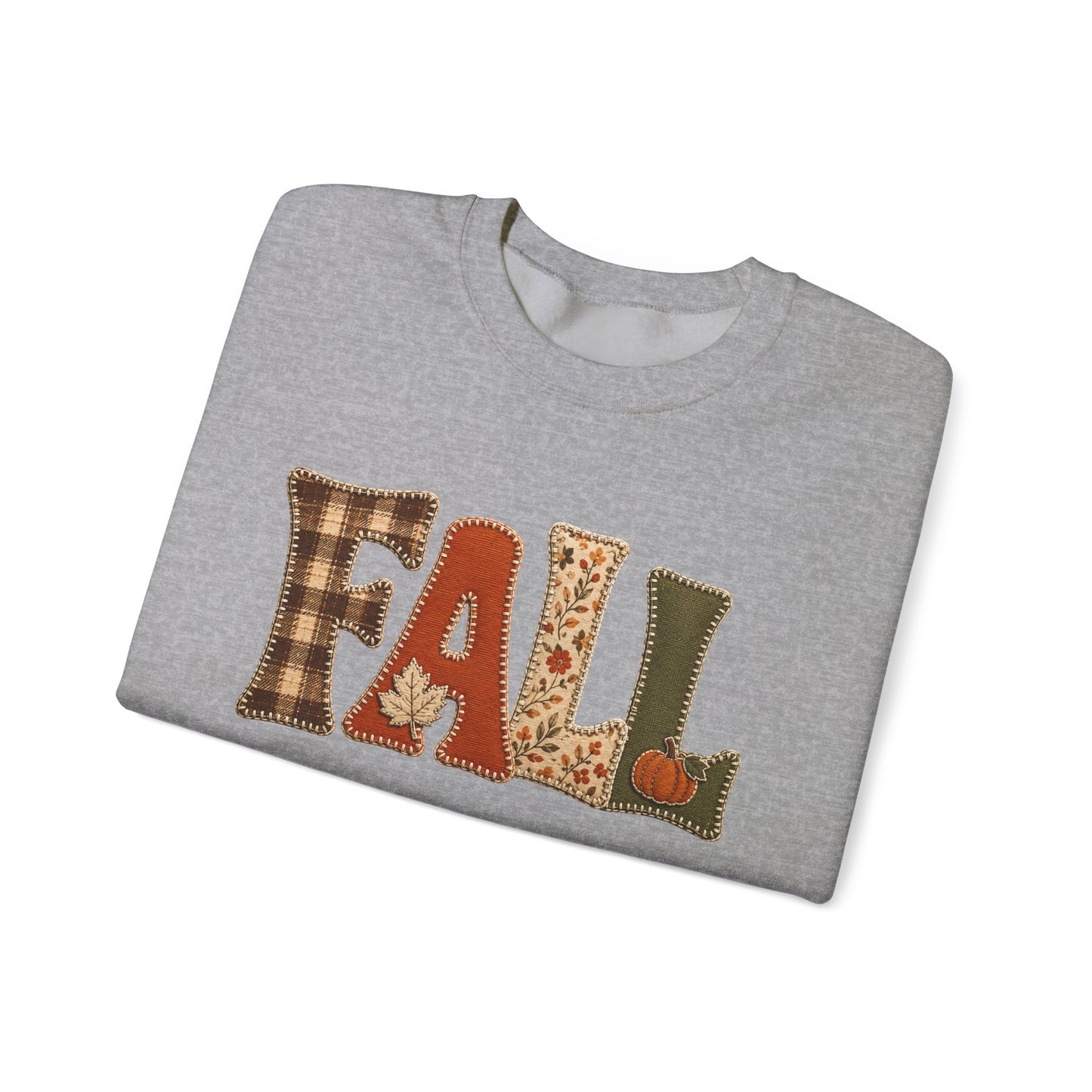 Fall Patchwork Letter Sweatshirt, Autumn Plaid Pumpkin Leaves, Cozy Unisex Crewneck
