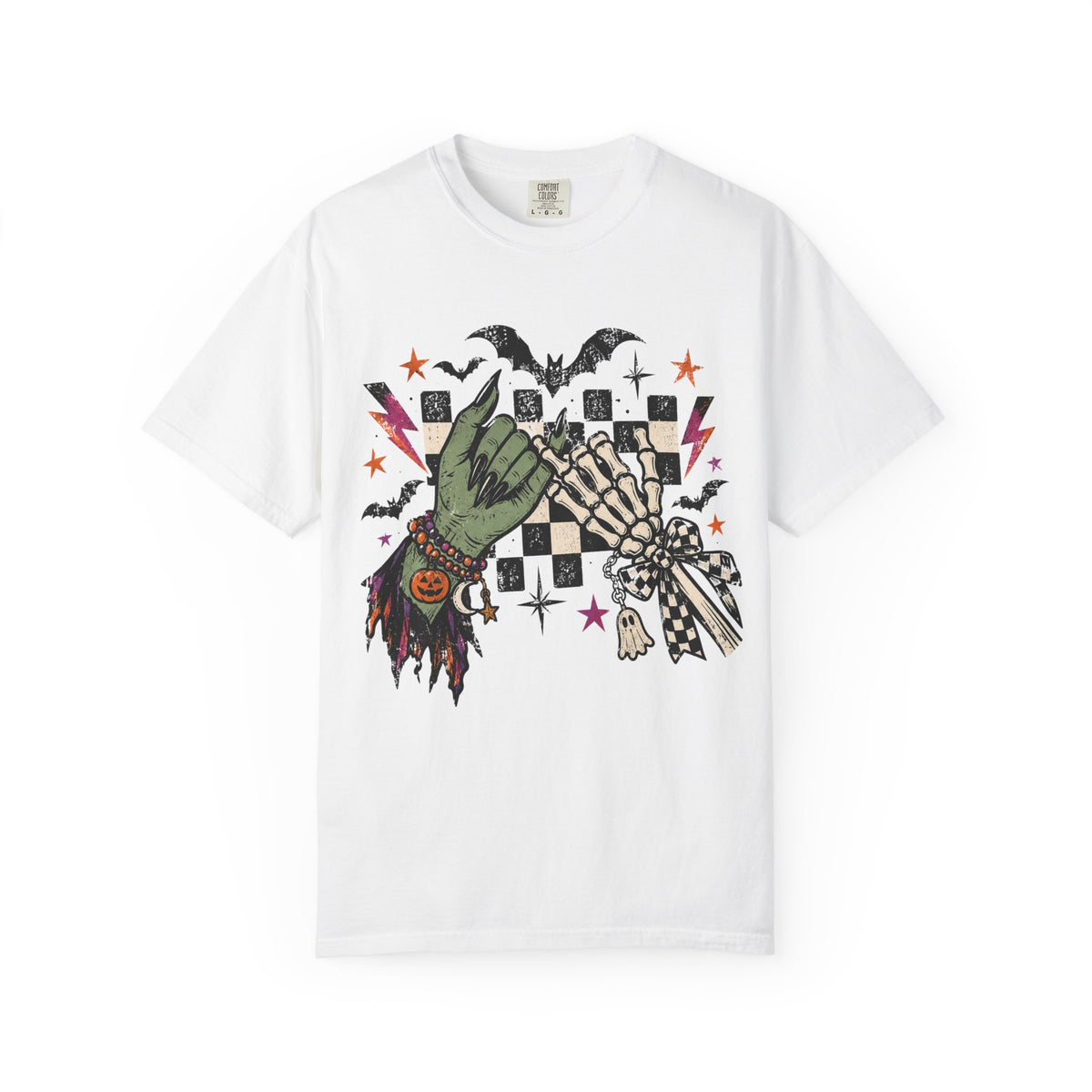 White Comfort Colors 1717 Halloween Pinky Promise shirt with witch and skeleton hand graphic