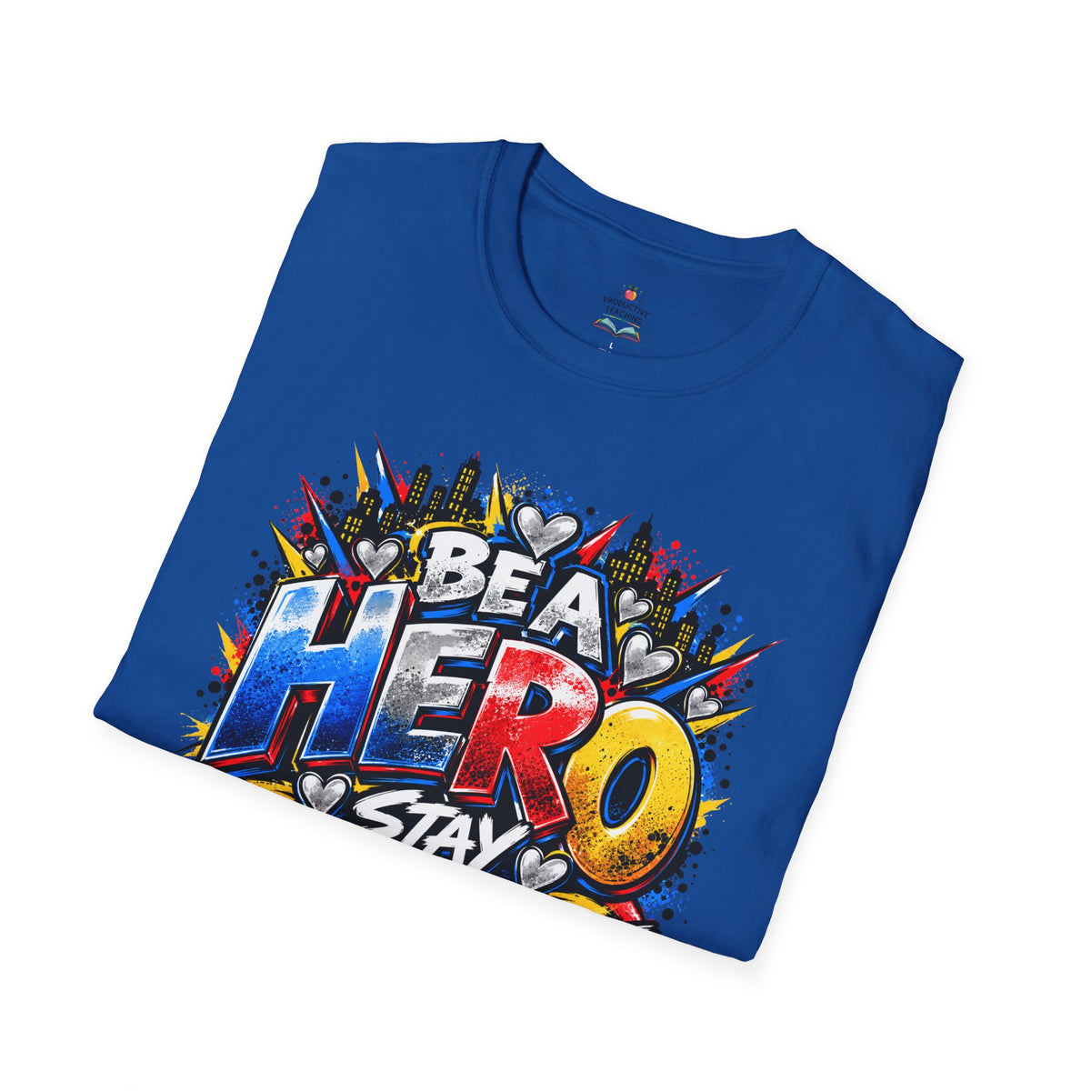 Red Ribbon Week teacher shirt - hero heart Be a Hero Stay Drug Free design on royal blue Gildan Softstyle tee - folded view
