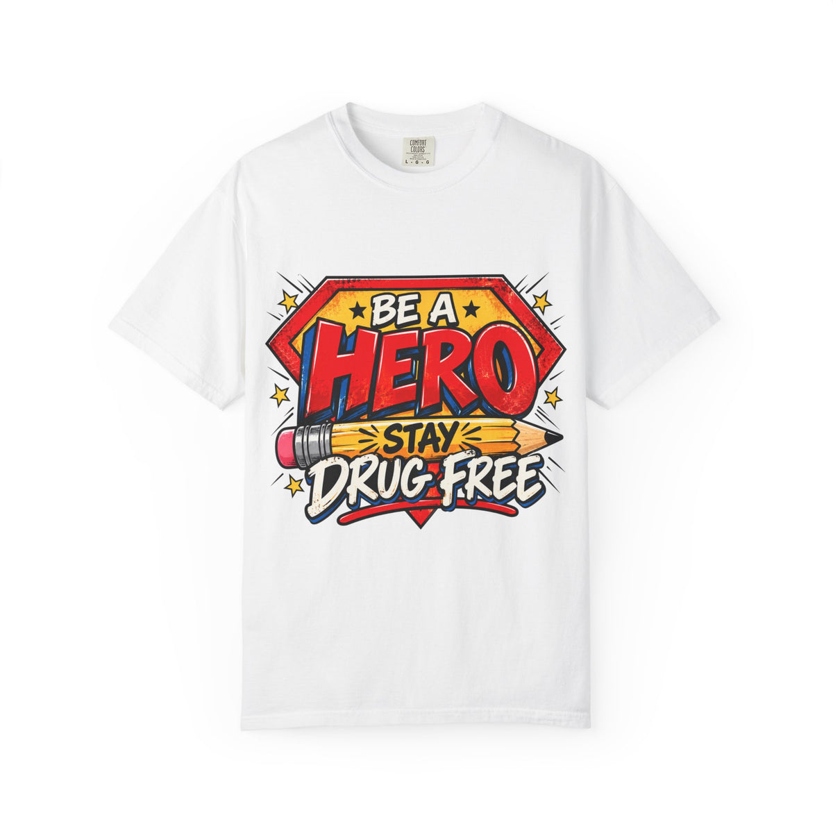 Red Ribbon Week teacher shirt - pencil hero Be a Hero Stay Drug Free design on blue Comfort Colors tee - styled lifestyle photo