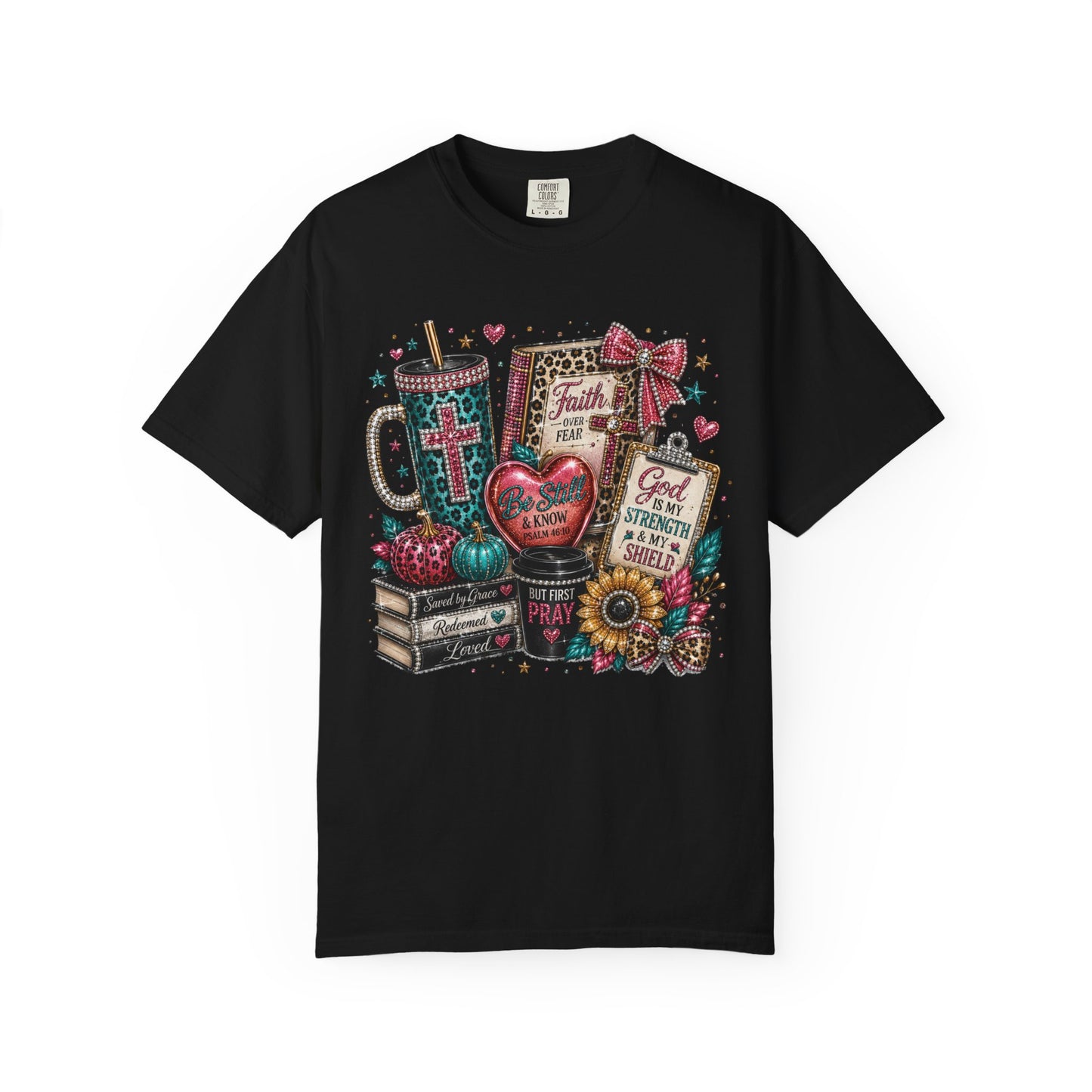 Faith Collage T-Shirt | Christian Cross, Bible, Prayer, Floral Graphics