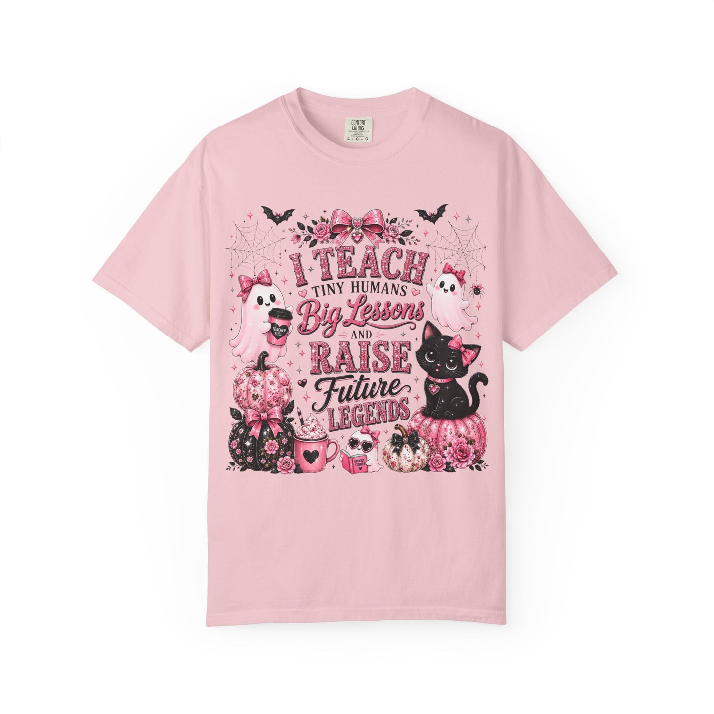 I Teach Tiny Humans Halloween Teacher Shirt | Cute Pink Ghost Comfort Colors Tee | Teacher Gift | Halloween Cat T-Shirt
