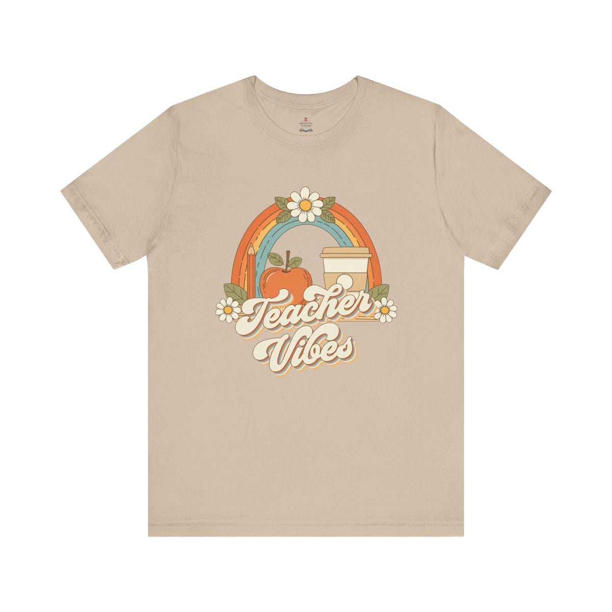 Teacher Vibes retro rainbow apple coffee teacher shirt – back view