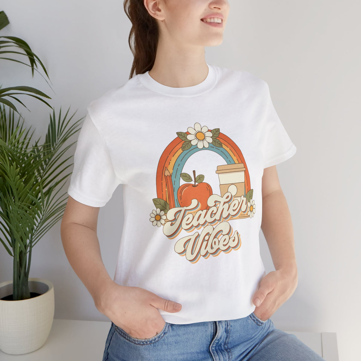 Teacher Vibes retro rainbow apple coffee teacher shirt – color variant 5