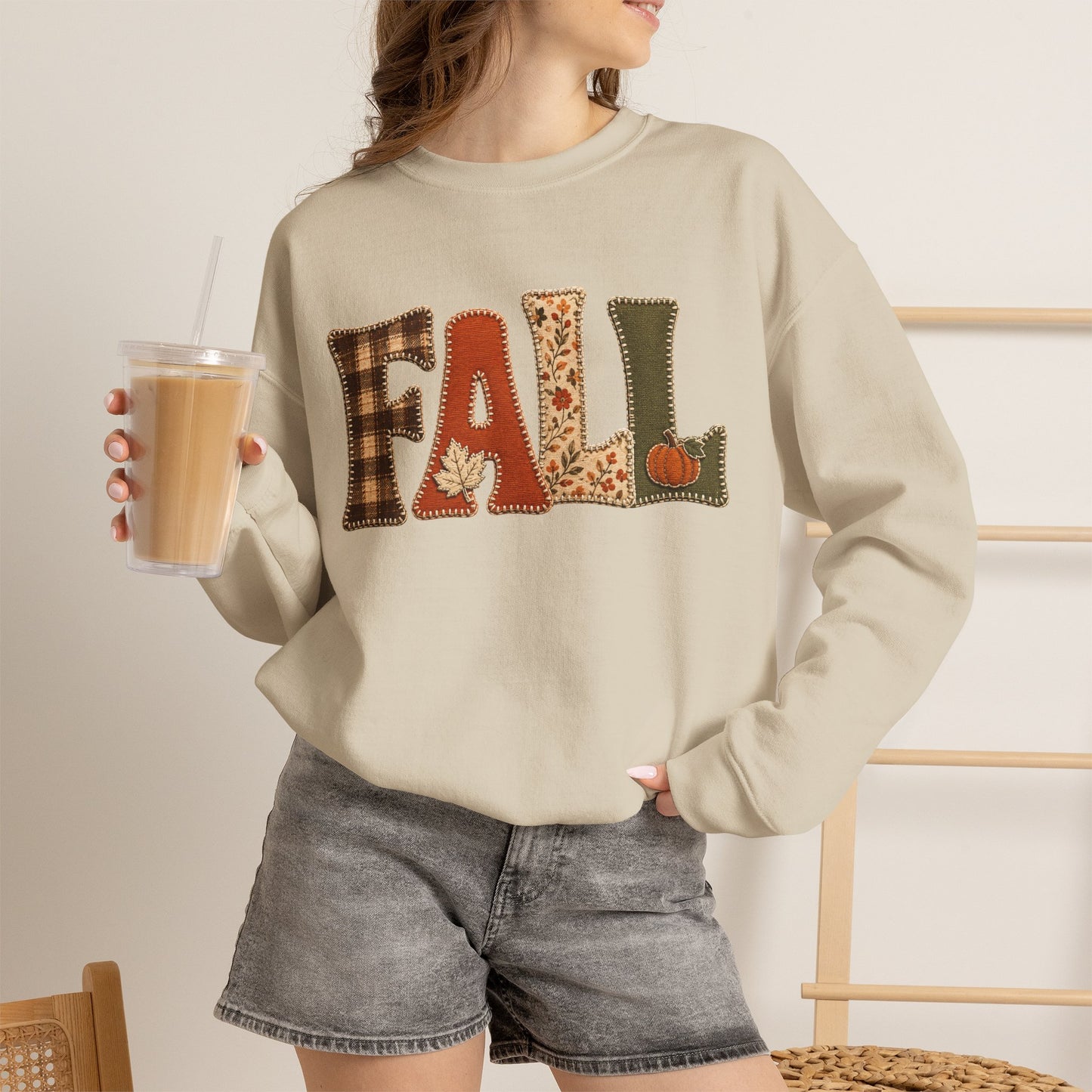 Fall Patchwork Letter Sweatshirt, Autumn Plaid Pumpkin Leaves, Cozy Unisex Crewneck