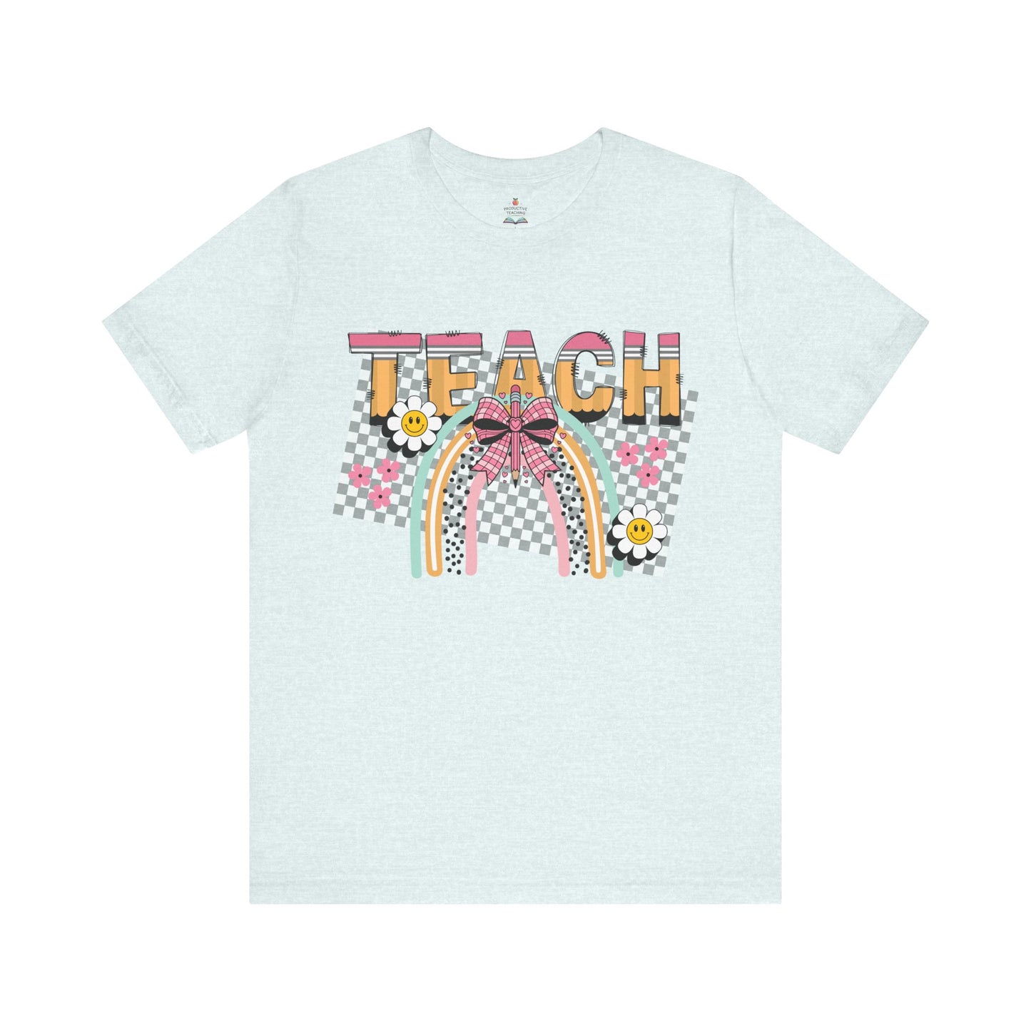 Teach Rainbow T-Shirt — Cute Retro Teacher Tee with Checkered Pattern