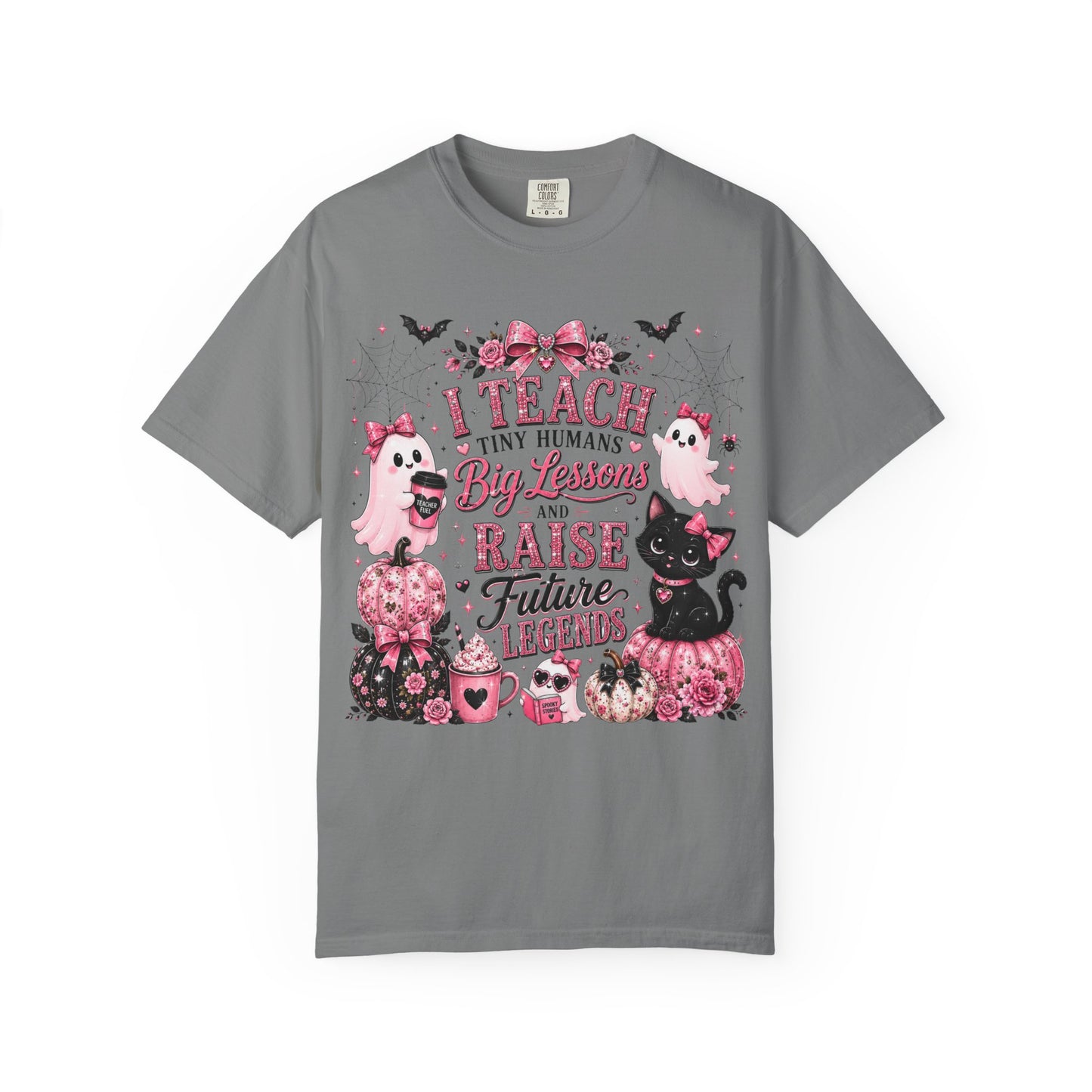 I Teach Tiny Humans Halloween Teacher Shirt | Cute Pink Ghost Comfort Colors Tee | Teacher Gift | Halloween Cat T-Shirt