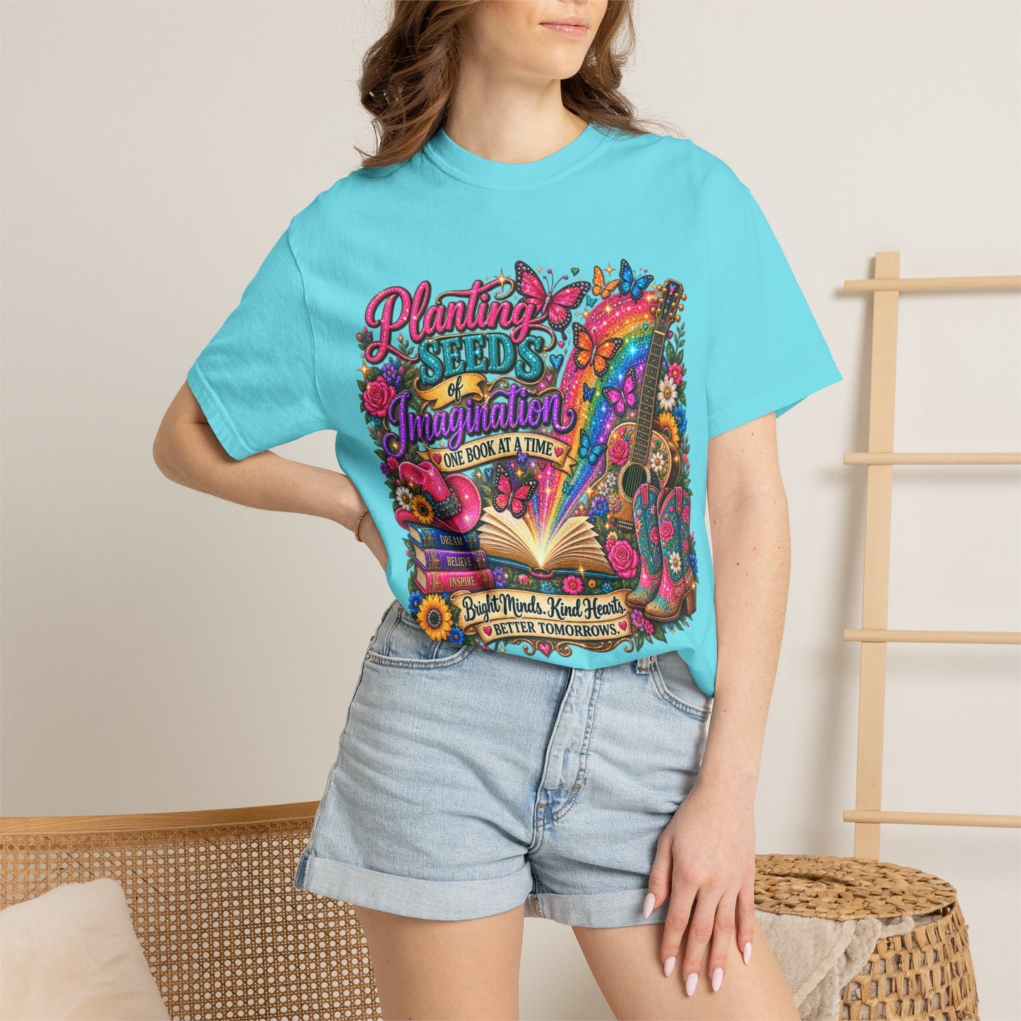 Planting Seeds of Imagination T-shirt, Colorful Book & Boots, Country Western, Guitar Tee