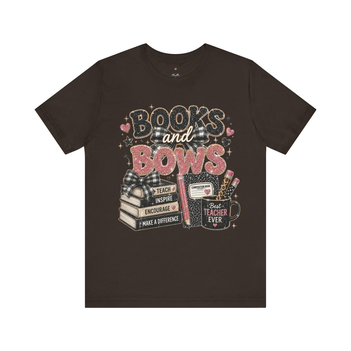 Books and Bows reading teacher t-shirt – front view