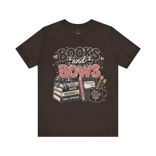 Books and Bows reading teacher t-shirt – front view