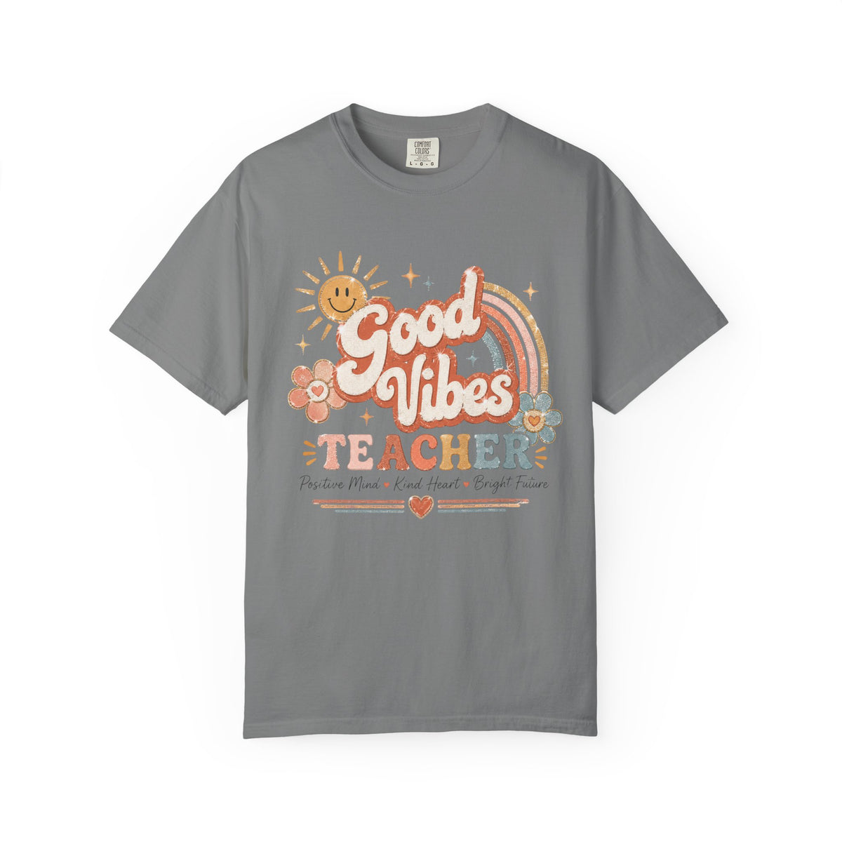 Good Vibes retro sun rainbow teacher shirt – styled lifestyle photo