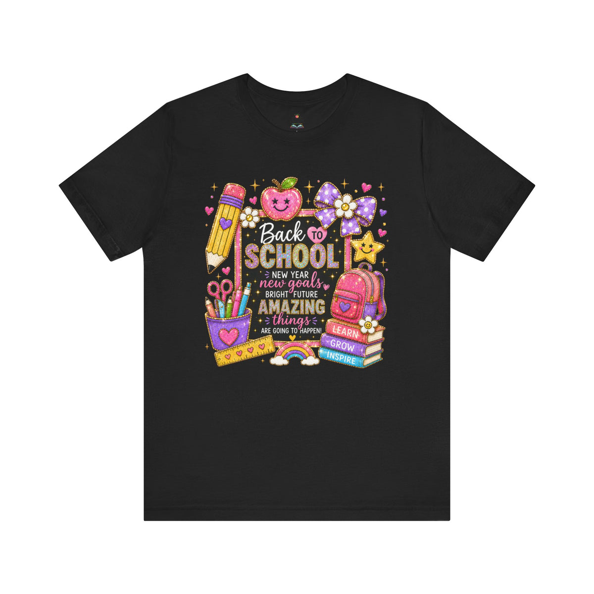 Back-to-School colorful new school year teacher shirt – flat lay